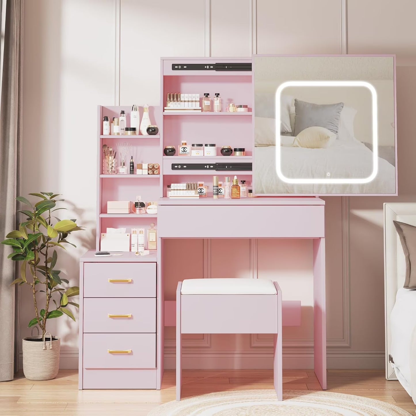 Vanity Desk with Sliding Mirror and Lights, Makeup Vanity Set with Power Outlet, 4 Drawers, Stool, Open Shelves, 3 Color Lighting Modes, Brightness Adjustable, Makeup Dressing Table for Bedroom