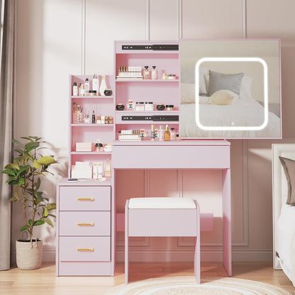 Vanity Desk with Sliding Mirror and Lights, Makeup Vanity Set with Power Outlet, 4 Drawers, Stool, Open Shelves, 3 Color Lighting Modes, Brightness Adjustable, Makeup Dressing Table for Bedroom