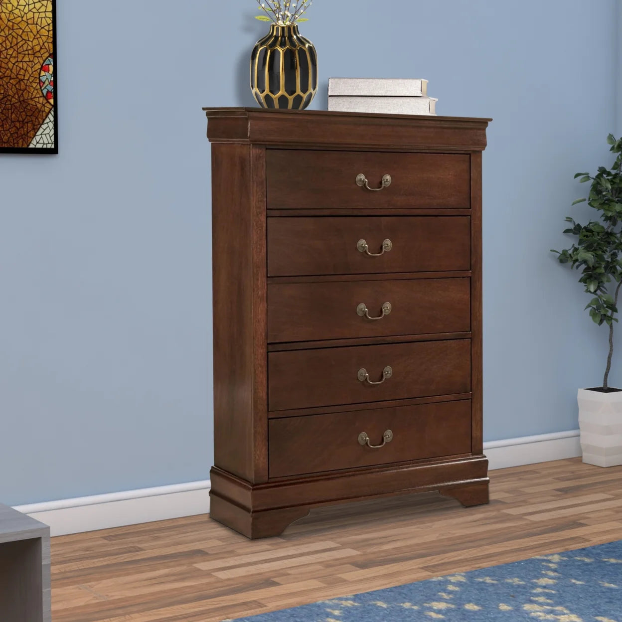 5 Drawer Wooden Chest With Metal Hardware, Cherry Brown- Saltoro Sherpi