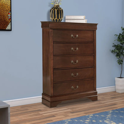 5 Drawer Wooden Chest With Metal Hardware, Cherry Brown- Saltoro Sherpi