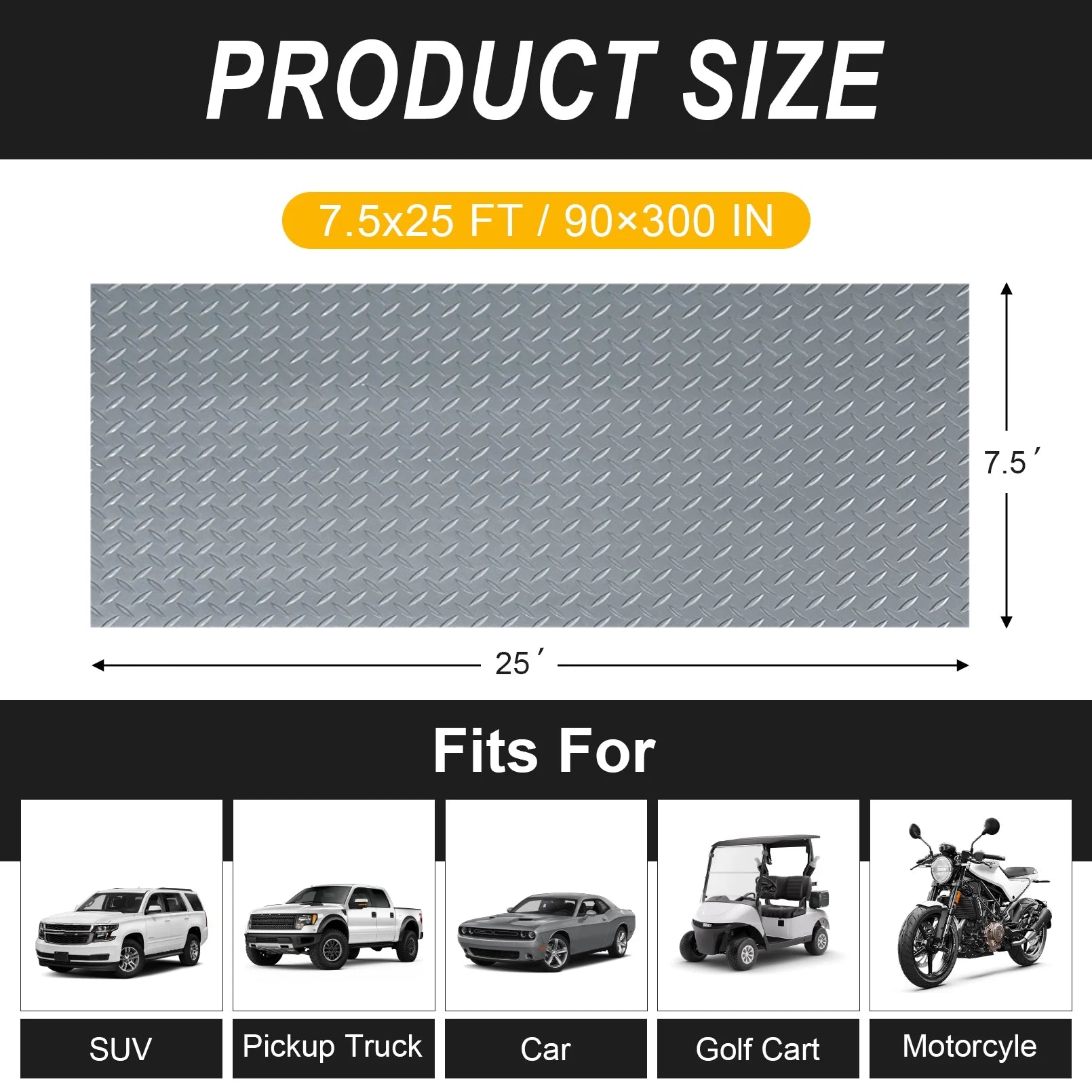 7.5x25 FT Garage Floor Mat, 2.8mm Thickened Flooring Roll for Under Car with 20Pcs Tapes, 188SQFT Diamond Plate, Non-Slip Floor Protector Mat for Garage, Warehouse, Gyms, Trailer