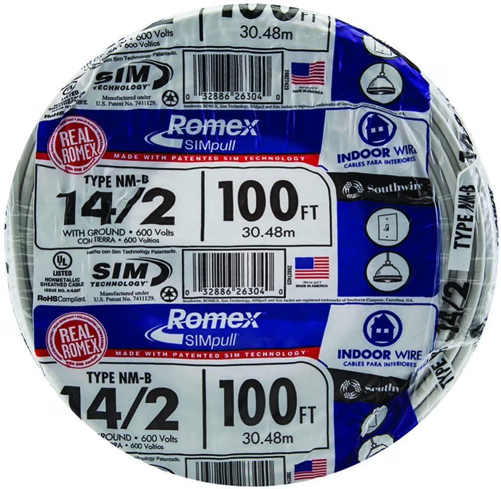 Southwire 28827423 100' 14/2 with ground Romex brand SIMpull residential indoor electrical wire type NM-B, White