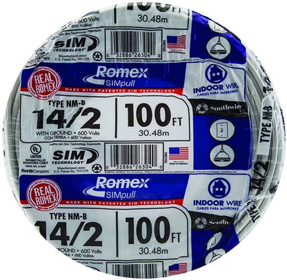 Southwire 28827423 100' 14/2 with ground Romex brand SIMpull residential indoor electrical wire type NM-B, White