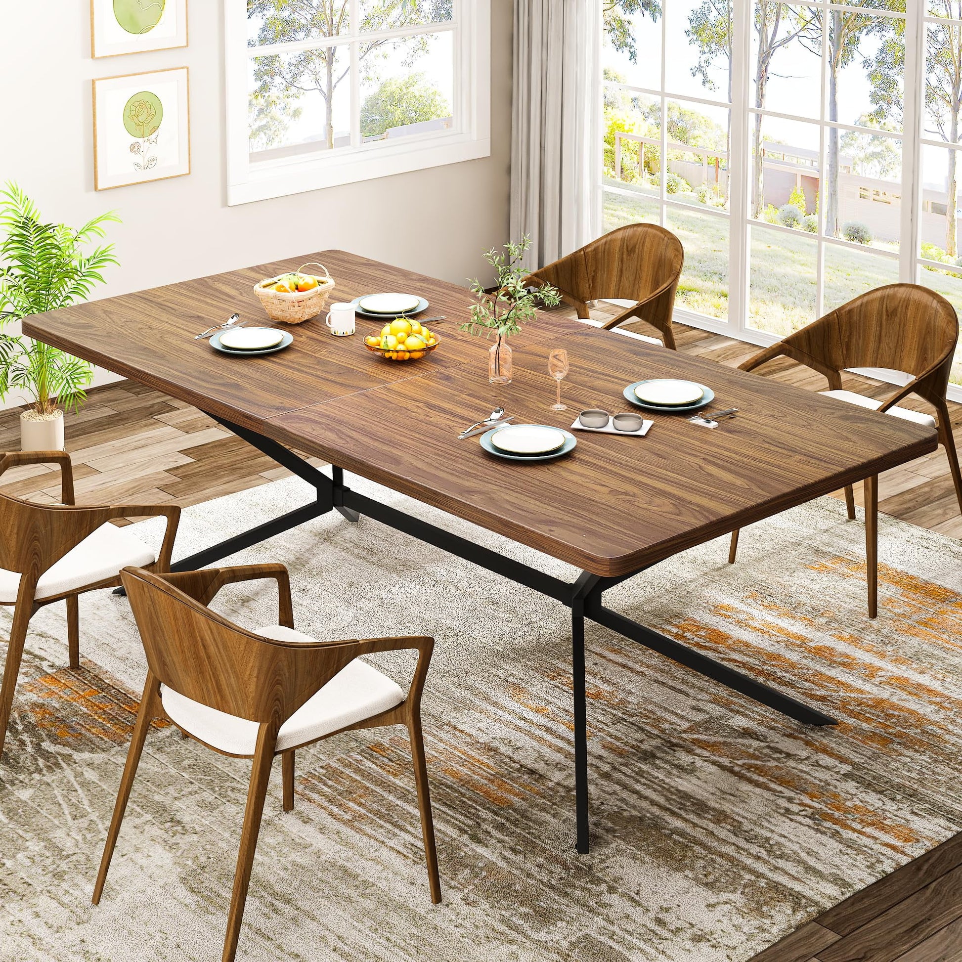 Baxluxe Mid Century Modern Dining Table 70.8 Inch, 6-8 Person Rectangular Kitchen Table with X-Shaped Metal Legs, Wooden Surface Coffee Tables for Living Room, Dining Room, Breakfast Nook, Brown