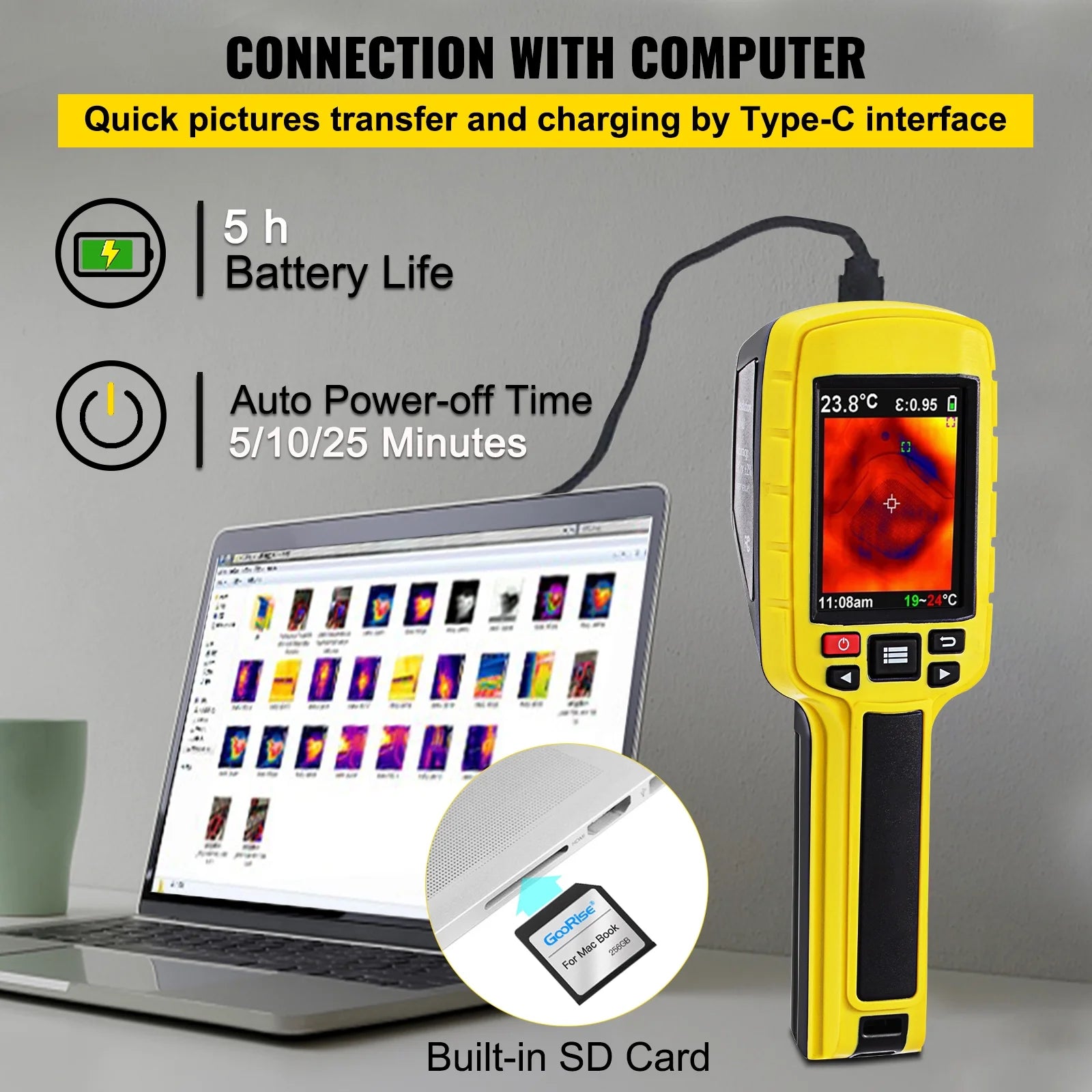 KFFKFF Thermal Imaging Camera, 60x60 (3600 Pixels) IR Resolution Infrared Camera with 2.8" Color Display Screen, Built-in SD Card and Li-ion Battery, for HVAC, Electrical System Automatic Detect