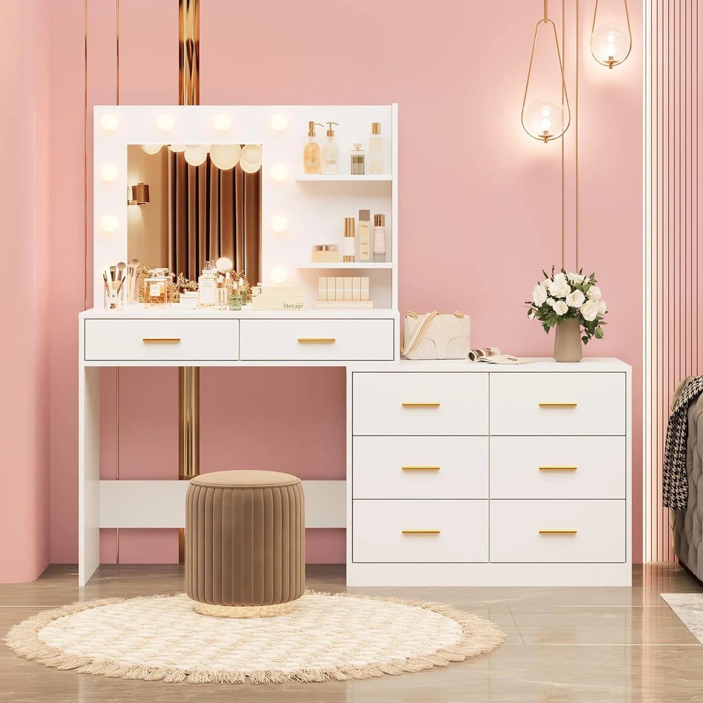 Garvee 61" White Makeup Vanity Desk with Mirror and Lights, Adjustable Brightness, 3 Lighting Modes, 8 Storage Drawers & 2 Open Shelves - Vanity Table for Bedroom