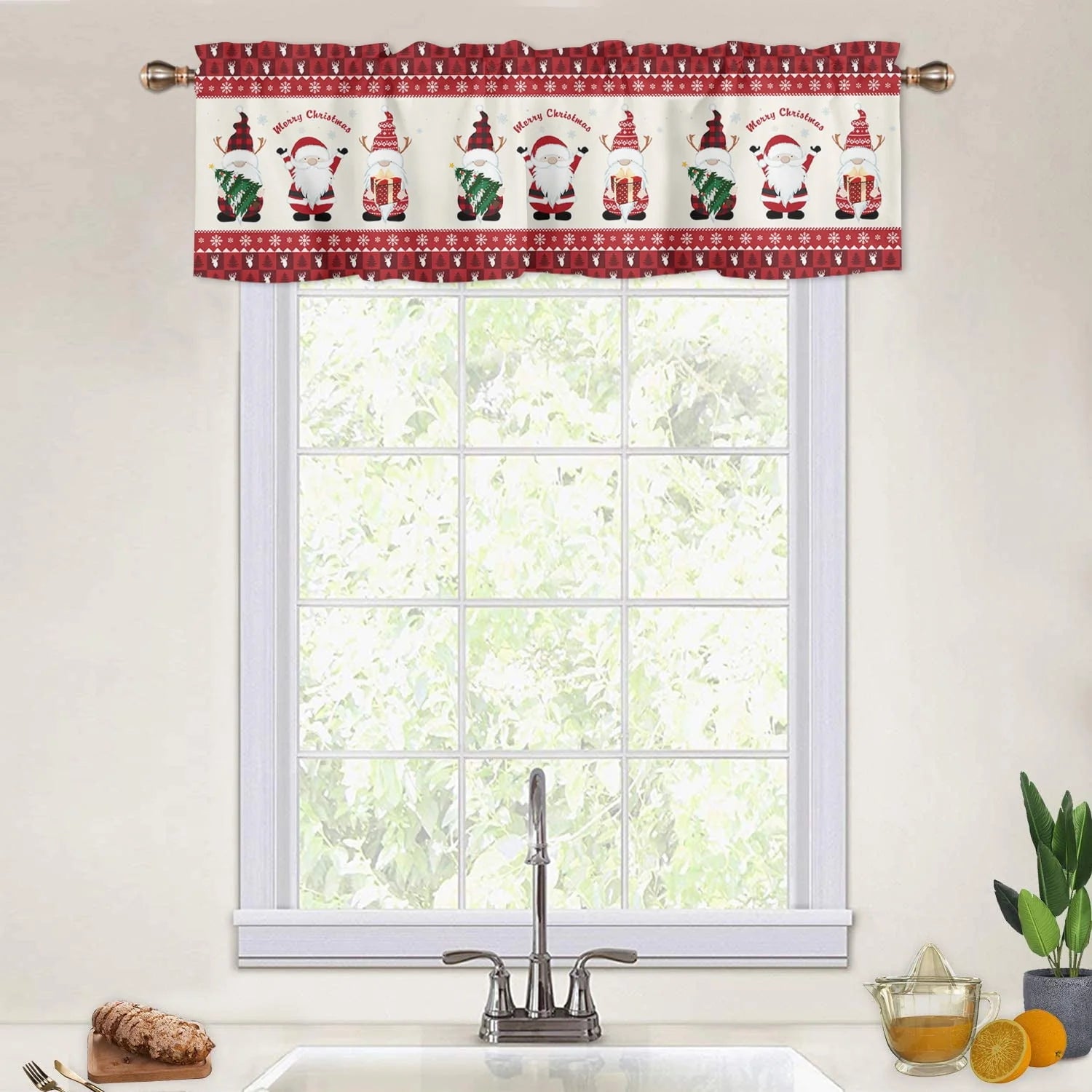 Christmas Window Valance Rod Pocket Panel for Kitchen Bedroom Window Merry Christmas Gnome with Xmas Hat Valances Short Curtain 54"x18"
