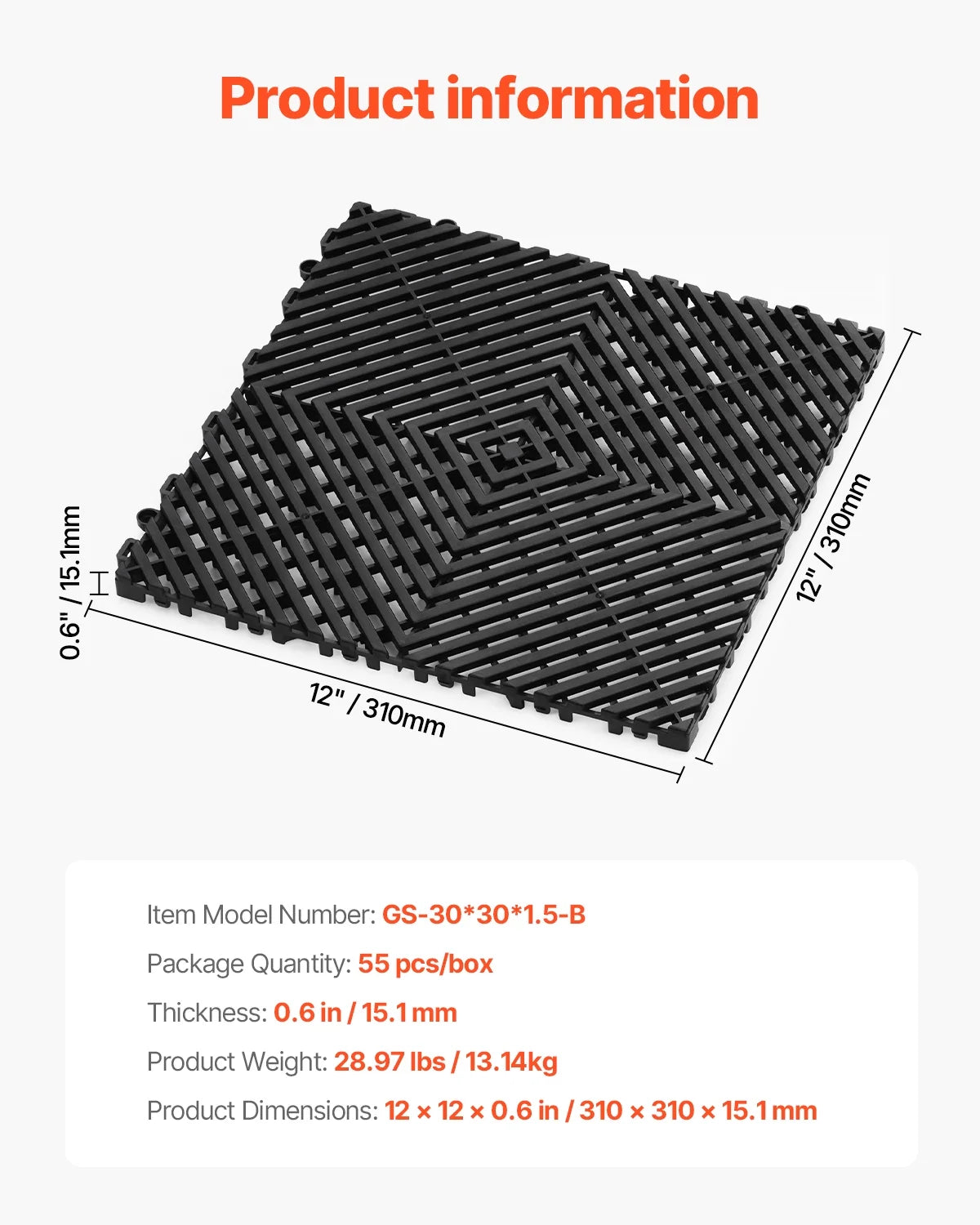 KFFKFF Drainage Floor Mat Set, 12? x 12? Modular Interlocking Padding, Set of 55 Connectable Drainage Mats, Slip-Resistant Black PP Drainage Floor and Bath Mat, Suitable for Garage, Garden