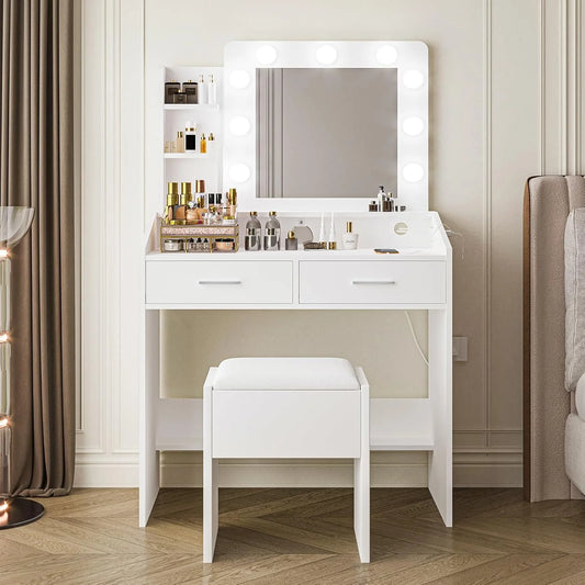OYang Makeup Vanity with Lights, Vanity Desk with Mirror and Lights Set, Large Drawer and Two-Tier Lots Storage Cabinet, 3 Lighting Modes Adjustable Brightness