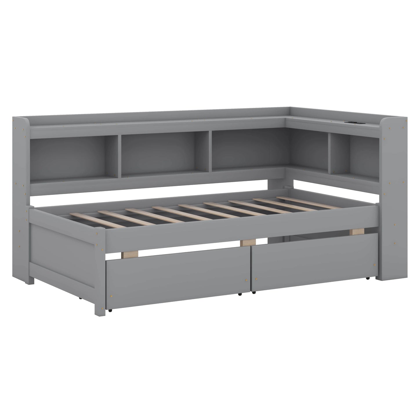 BEBPILOO Twin Size L-Shaped Bookcase Bed with Electrical Outlet, USB Charging Port, Two Drawers, Gray