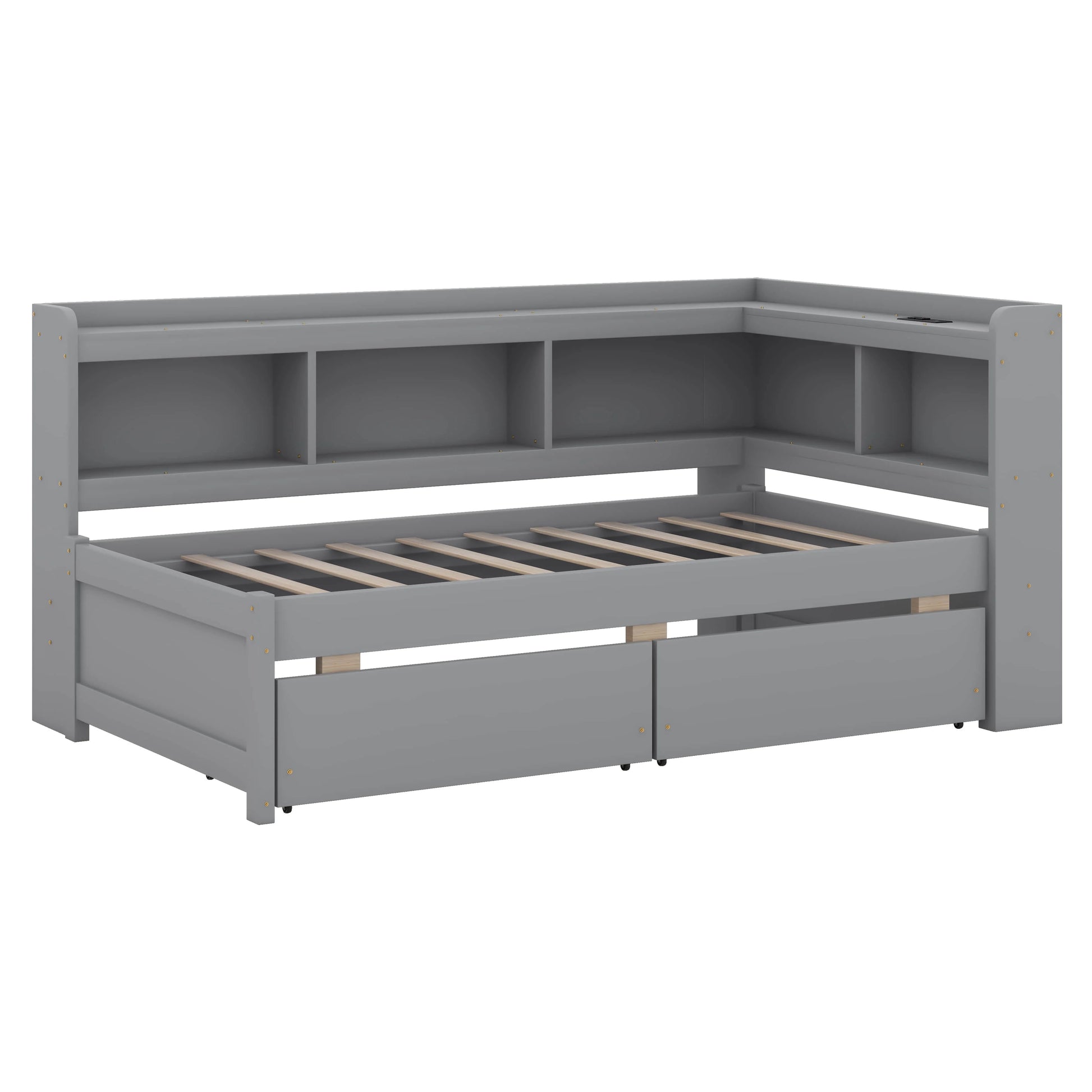 BEBPILOO Twin Size L-Shaped Bookcase Bed with Electrical Outlet, USB Charging Port, Two Drawers, Gray