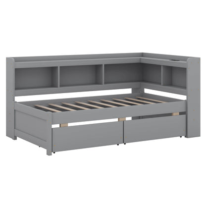 BEBPILOO Twin Size L-Shaped Bookcase Bed with Electrical Outlet, USB Charging Port, Two Drawers, Gray