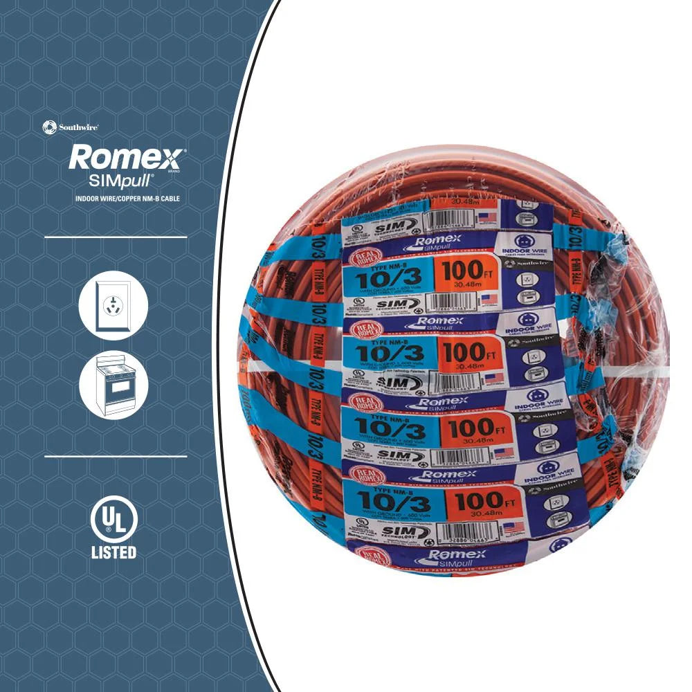 Southwire 63948426 100' 10/3 with ground Romex brand SIMpull residential indoor electrical wire type NM-B Orange