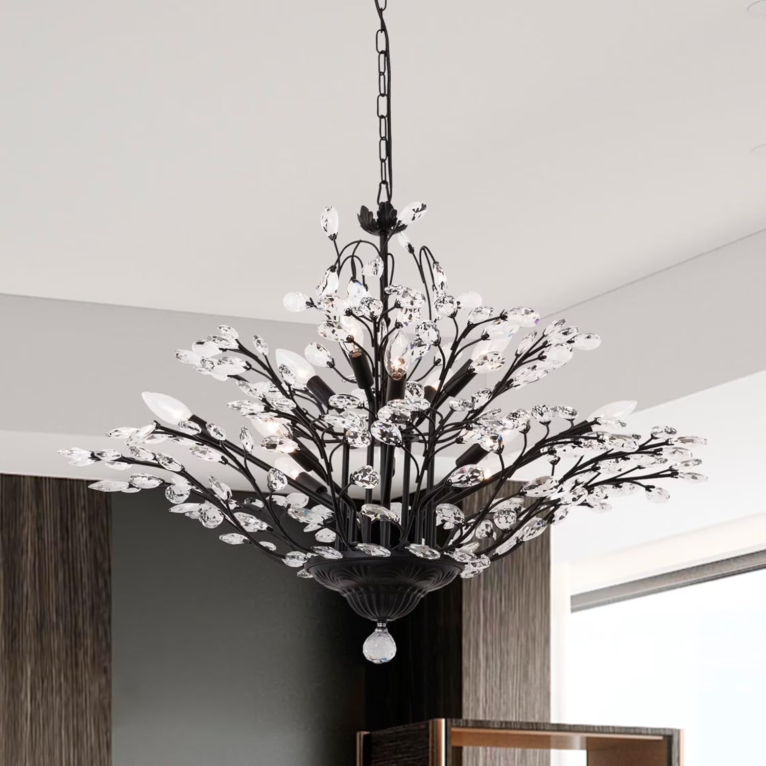 Maxax 4 Lights Semi Flush Mount Crystal Chandelier, Modern K9 Ceiling Light Fixtures, Adjustable Hanging Pendant Lighting, E12 Ceiling Light for Entry Way, Dinning Room, Living Room, Bedroom, Black