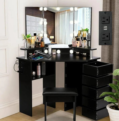 Ataucjin Makeup Vanity Desk With Lights Mirror & Power Outlet Corner Makeup Vanity Table With 5 Rotating Drawers Shelves And Stool 3 Color Lighting Makeup Table Bedroom Dressing Table