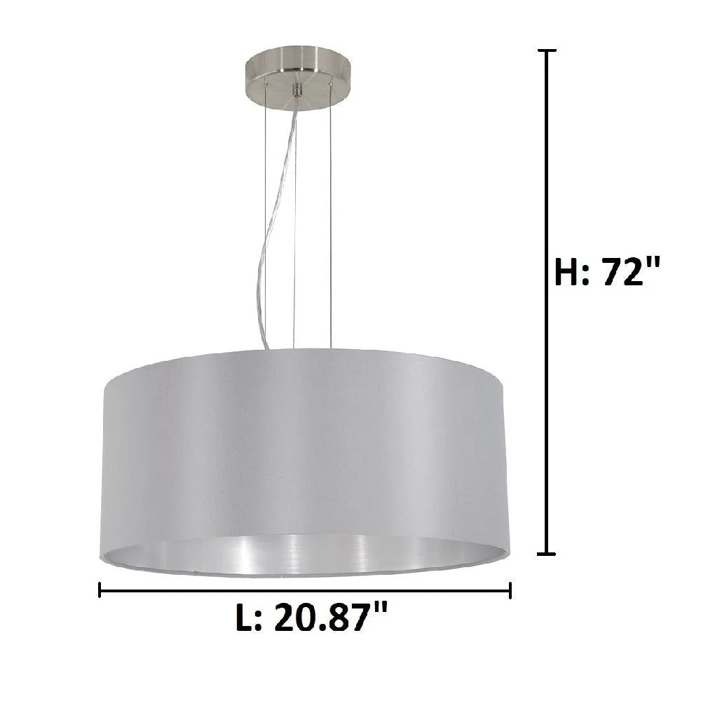 31606A-Eglo Lighting-Maserlo - 3-Light Pendant - Satin Nickel - Grey and Silver-Satin Nickel Finish-Grey Shade Color