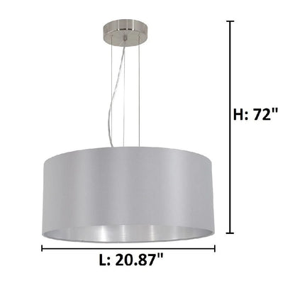 31606A-Eglo Lighting-Maserlo - 3-Light Pendant - Satin Nickel - Grey and Silver-Satin Nickel Finish-Grey Shade Color