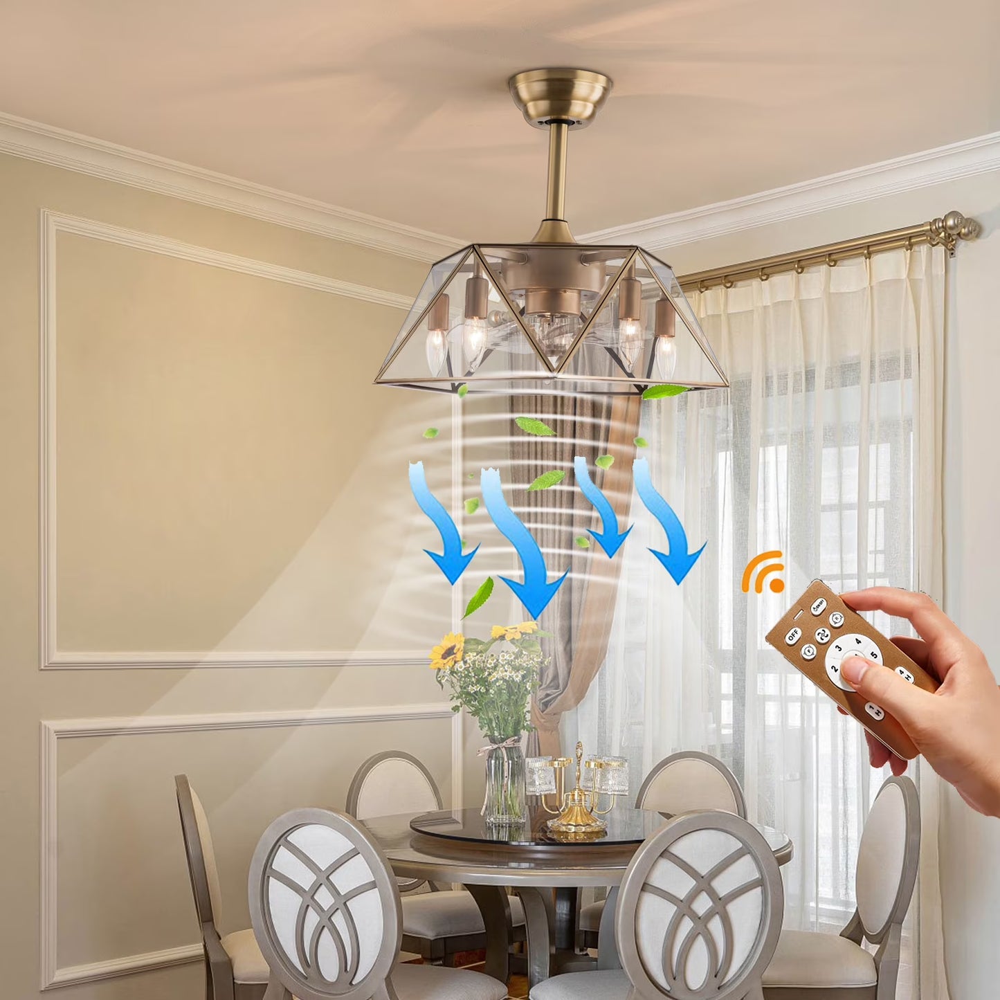 Caged Fandelier Ceiling Fan with Light, Golden Ceiling Fans with Remote Control & Noiseless 35db - Farmhouse Rustic Bladeless Ceiling Fans Chandelier Retro Lighting Fixture