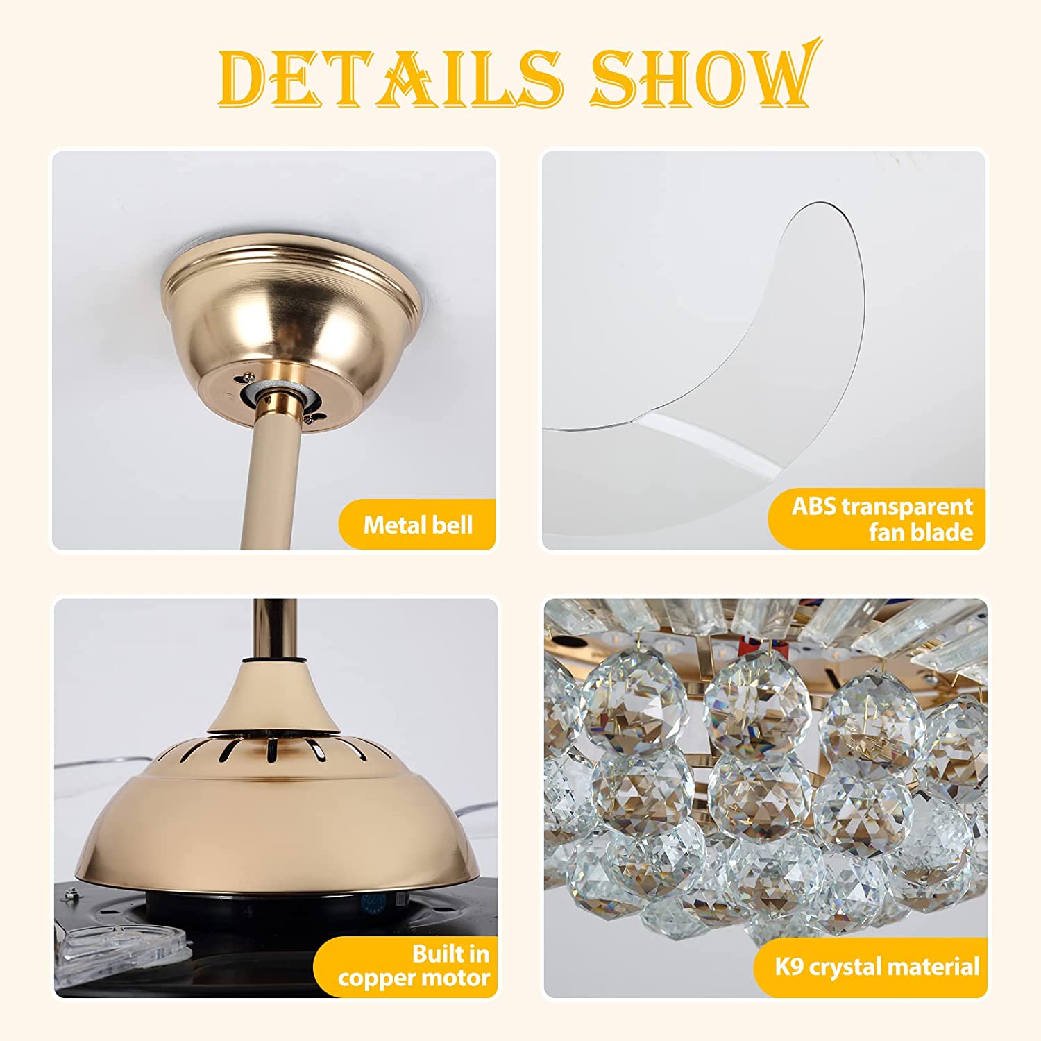 Datingday 42 Inch Crystal Ceiling Fan Golden Crystal Ceiling Fan Chandelier with Remote 6 Speeds 3 Colors Changes Lighting Fixture, 4 Blades Retractable Fans for Bedroom Living Room Dining Room