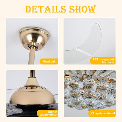 Datingday 42 Inch Crystal Ceiling Fan Golden Crystal Ceiling Fan Chandelier with Remote 6 Speeds 3 Colors Changes Lighting Fixture, 4 Blades Retractable Fans for Bedroom Living Room Dining Room