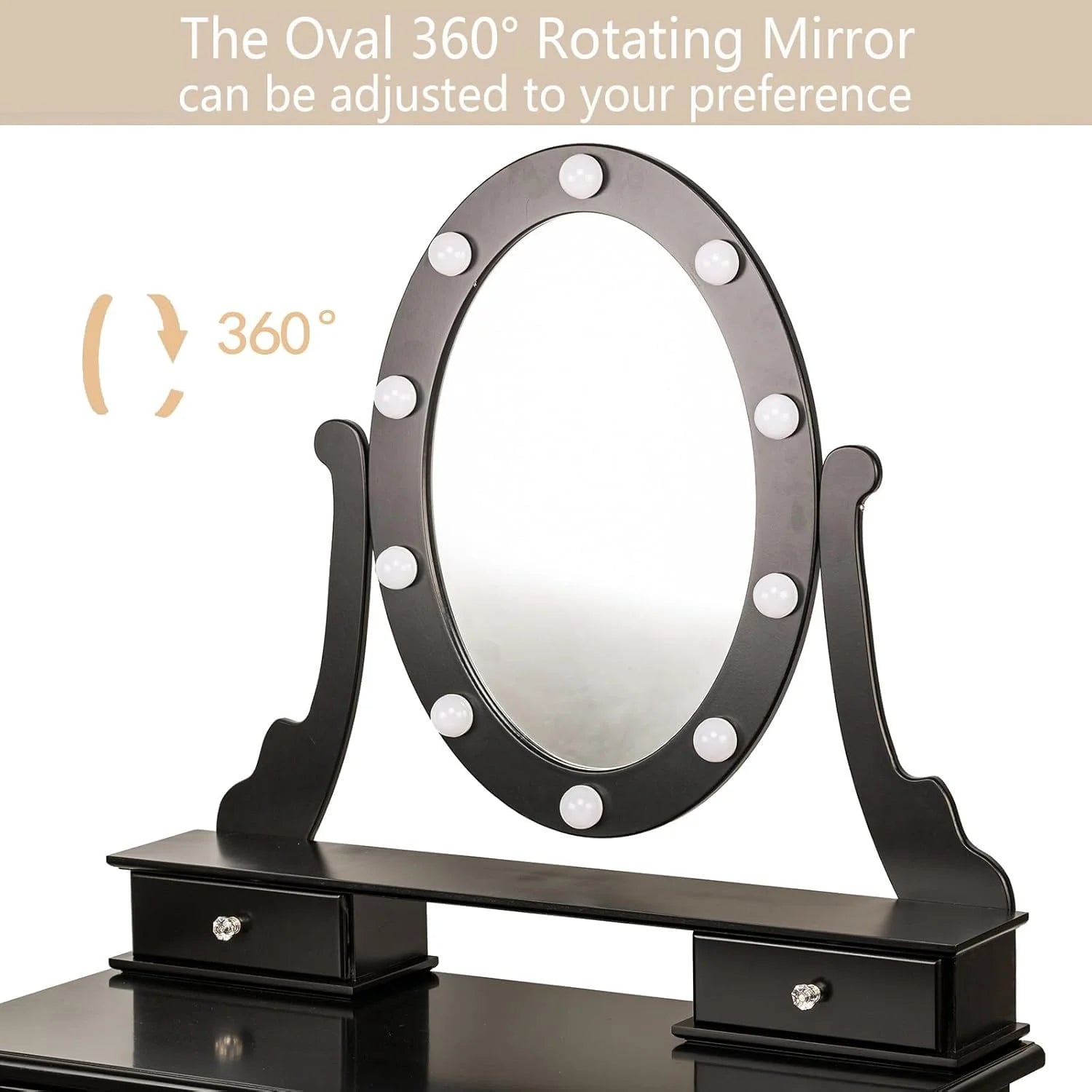 TROPOW Vanity Desk,Makeup Vanity,with Mirror and Lights,Vanity Desk with Mirror and Lights, Wood Makeup Dressing Table Stool with & Oval Mirror 3 Colors Lighting Modes Modern,Black