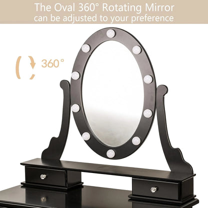 TROPOW Vanity Desk,Makeup Vanity,with Mirror and Lights,Vanity Desk with Mirror and Lights, Wood Makeup Dressing Table Stool with & Oval Mirror 3 Colors Lighting Modes Modern,Black
