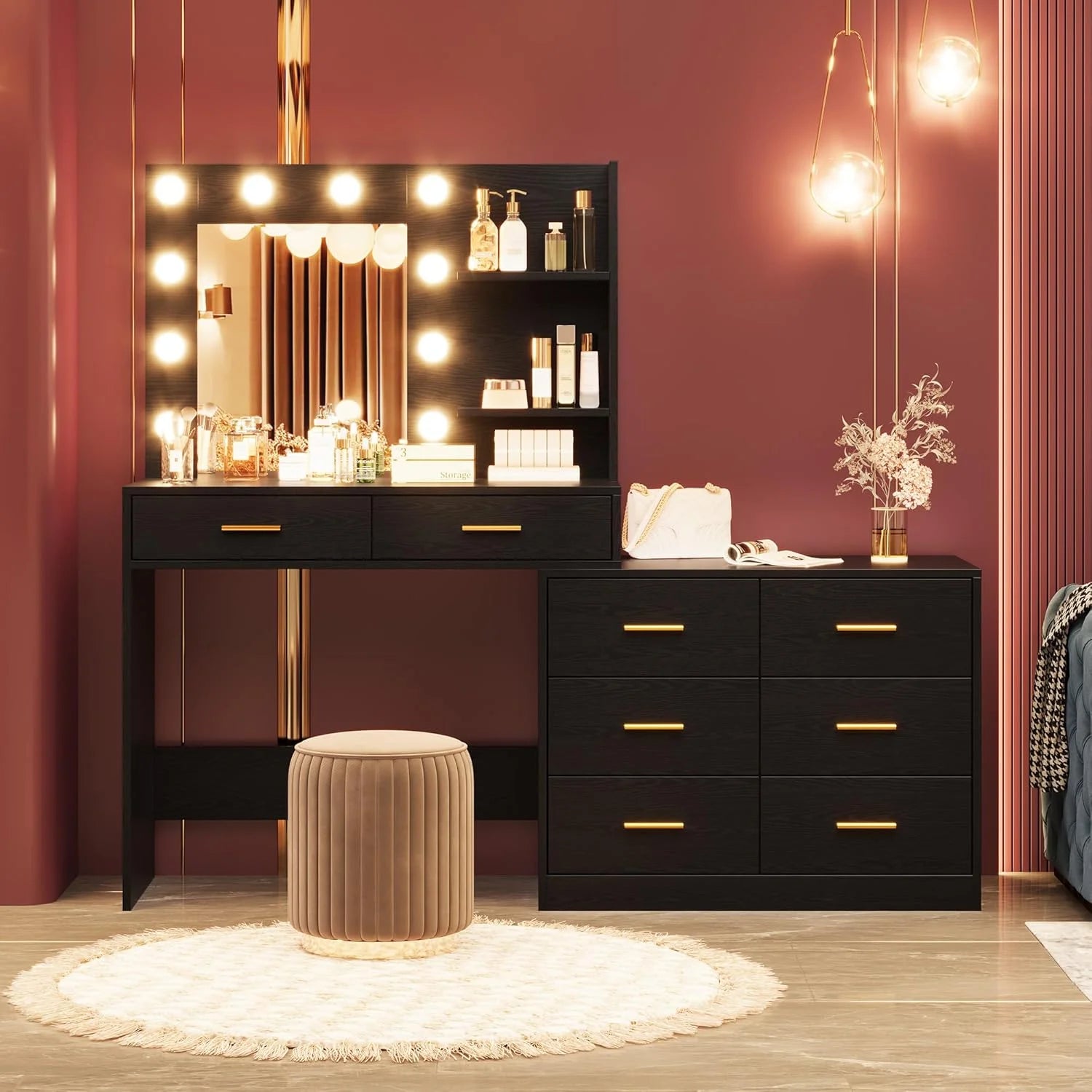 Garvee 61" White Makeup Vanity Desk with Mirror and Lights, Adjustable Brightness, 3 Lighting Modes, 8 Storage Drawers & 2 Open Shelves - Vanity Table for Bedroom