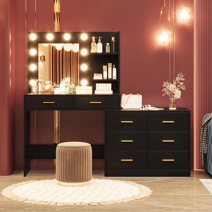 Garvee 61" White Makeup Vanity Desk with Mirror and Lights, Adjustable Brightness, 3 Lighting Modes, 8 Storage Drawers & 2 Open Shelves - Vanity Table for Bedroom