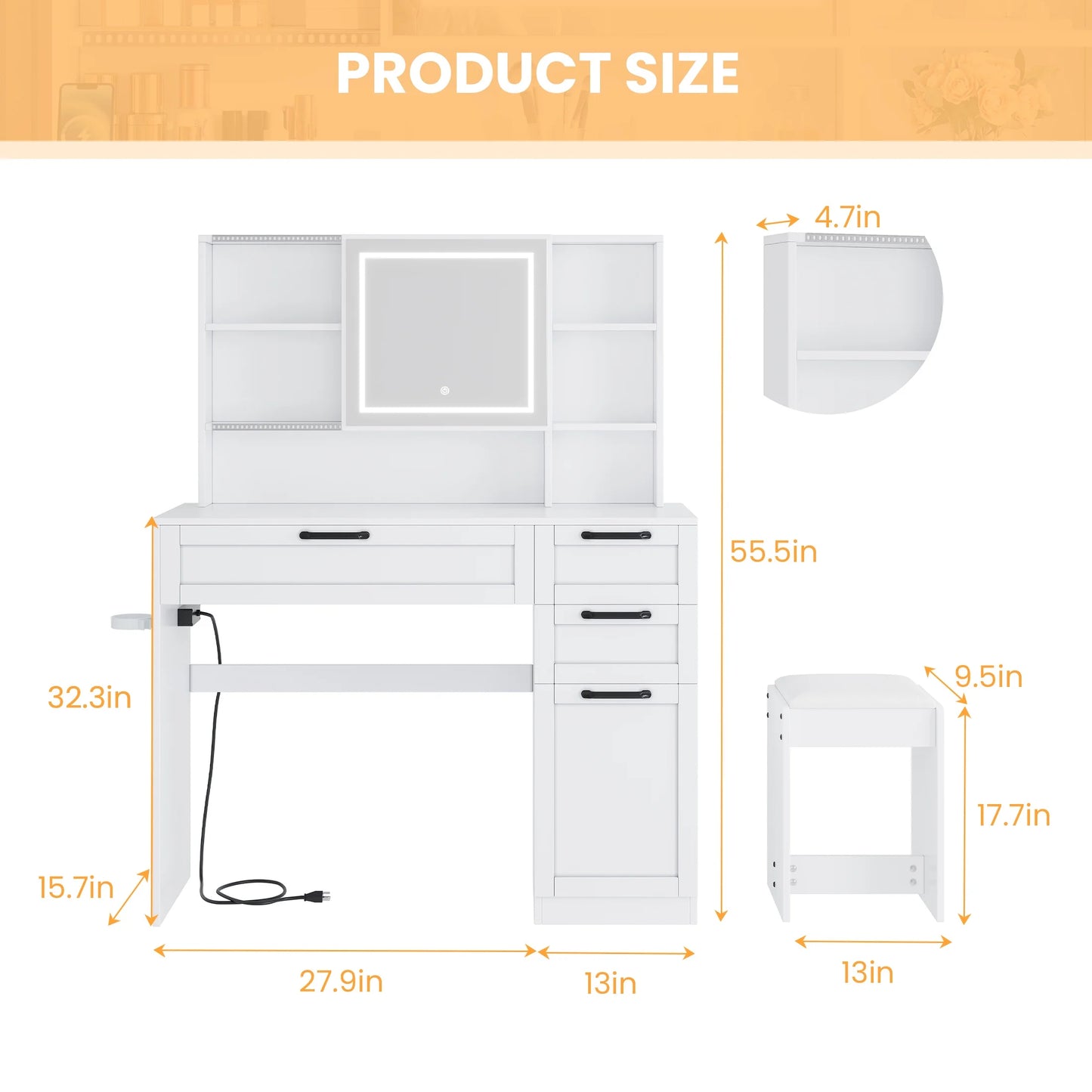 SESSLIFE 41''Vanity Set with Charging Station, Large Makeup Desk with LED Sliding Mirror, 3 Lighting Modes Adjustable Brightness, Makeup Dressing Table Set for Adults,Women, White