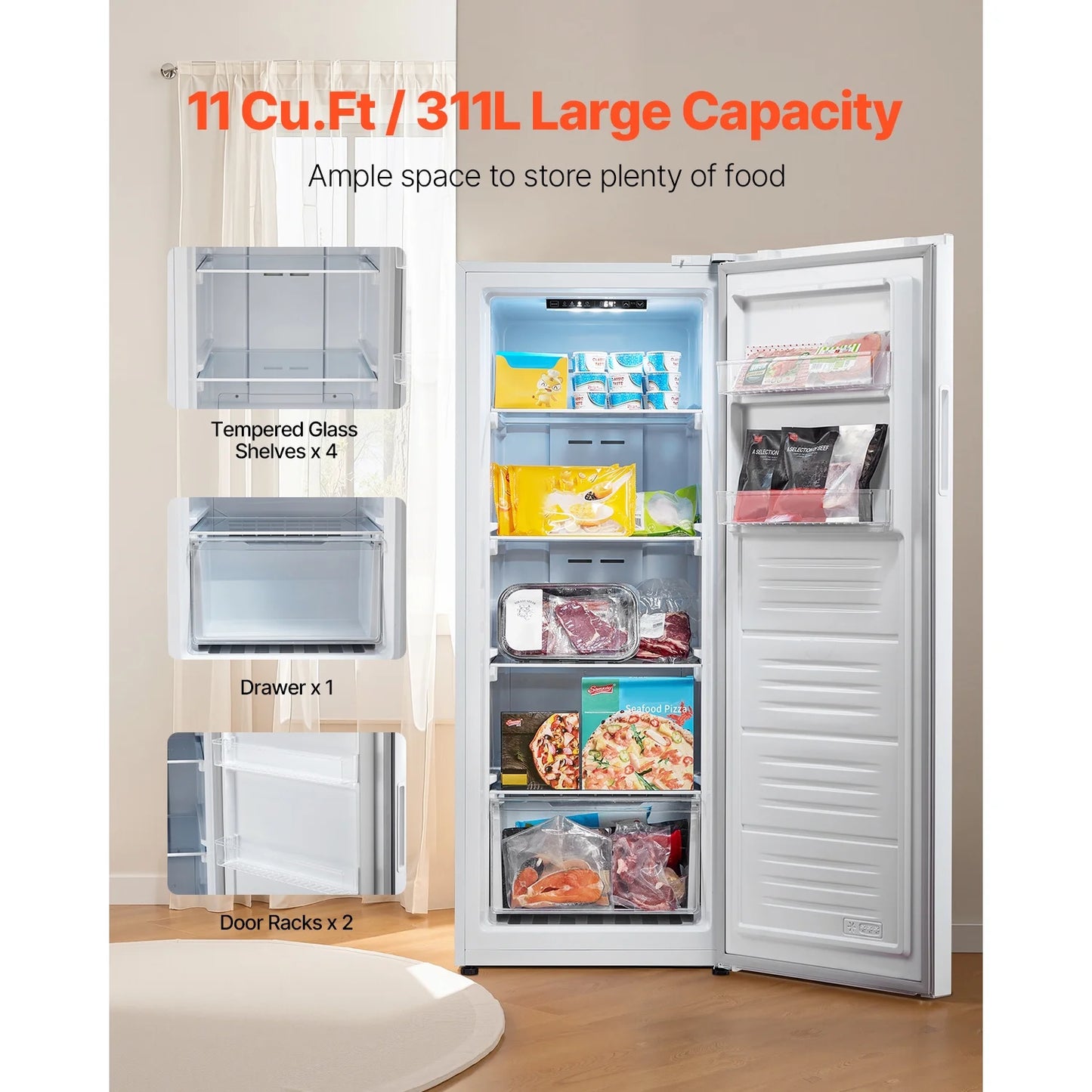 KFFKFF Convertible Upright Freezer/Refrigerator, 11 Cu.Ft Frost-Free Unit with Temperature Control, Reversible Door, Adjustable Shelves, and LED Lighting for Home, Office, or Garage