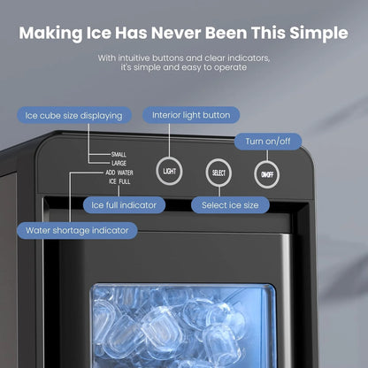 Moifoi Ice Maker Countertop, 26 lbs/24 H, 8 Pcs Ice in 6 Mins, Portable Ice Maker Machine with Self-Cleaning, Interior Lighting, 2 Sizes Bullet Ice, Black