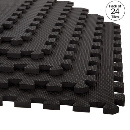 Foam Flooring Tiles - 24-Pack Interlocking EVA Foam Pieces - Non-Toxic Floor Padding for Playroom, Gym, or Basement by Stalwart (Black)