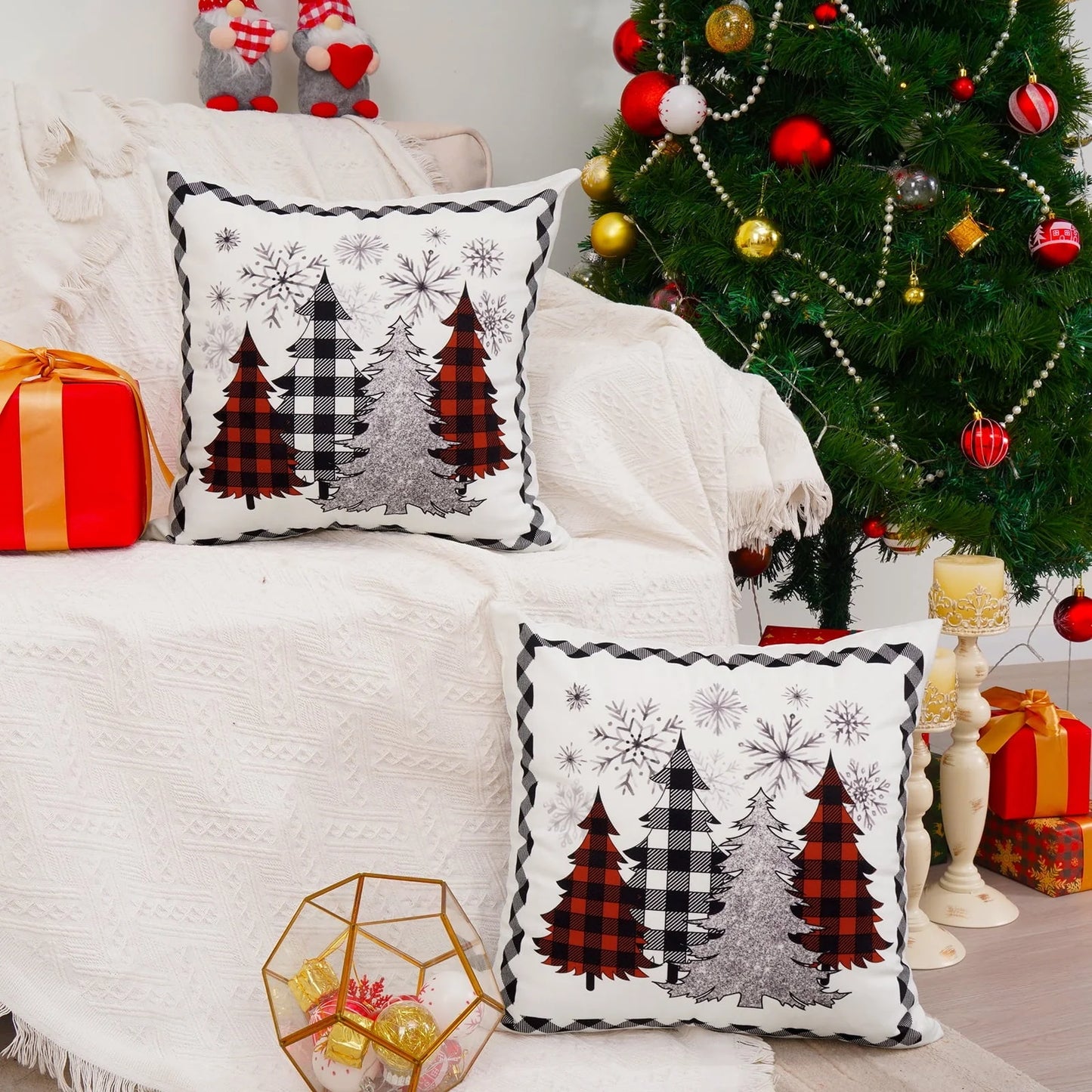 BLEUM CADE Christmas Pillow Covers 18 x 18 inch Grey Snowflakes Christmas Tree Throw Pillow Covers Set of 2,Xmas Buffalo Plaid Cushion Cover Winter Holiday Decorative Pillow Cases
