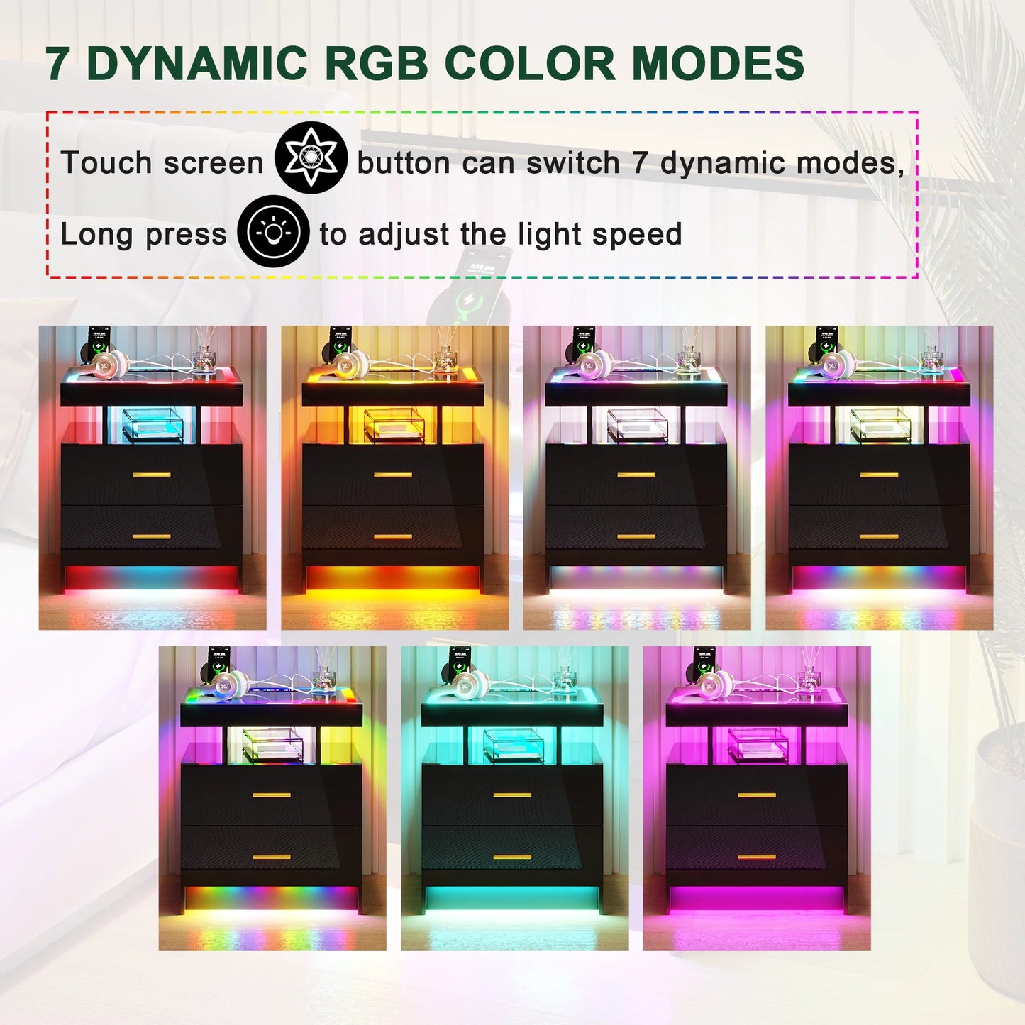 HNEBC RGB LED Nightstand with Wireless Charging Station & USB Ports, High Gloss Smart Night Stand with Drawer and Dynamic Lighting, Modern Bedside Tables for Bedroom, End Table