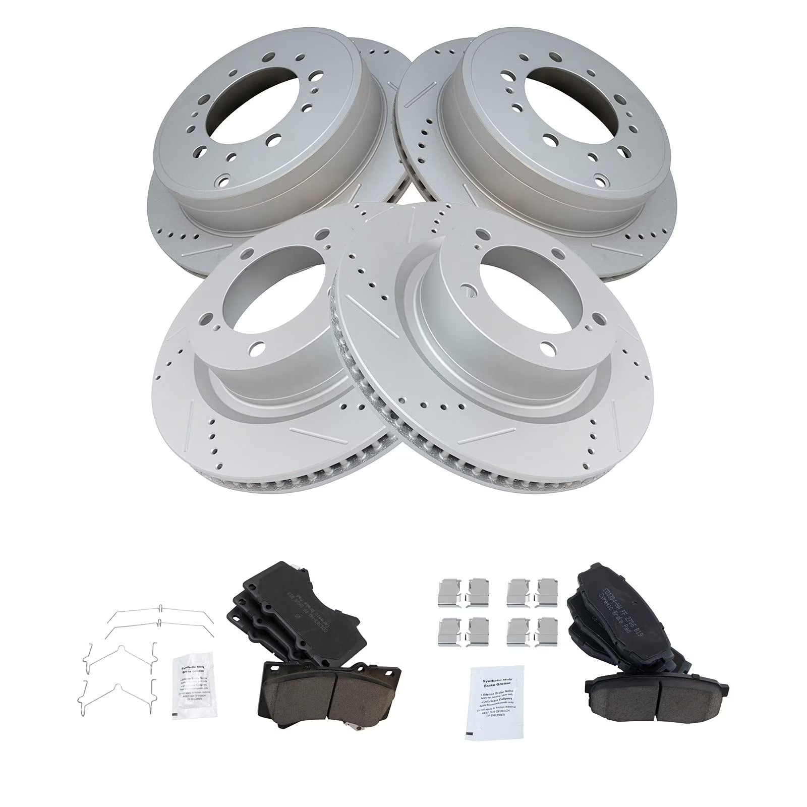 TRQ Brake Rotor Drilled Slotted Zinc Coated & Ceramic Pad w/Hardware Front & Rear