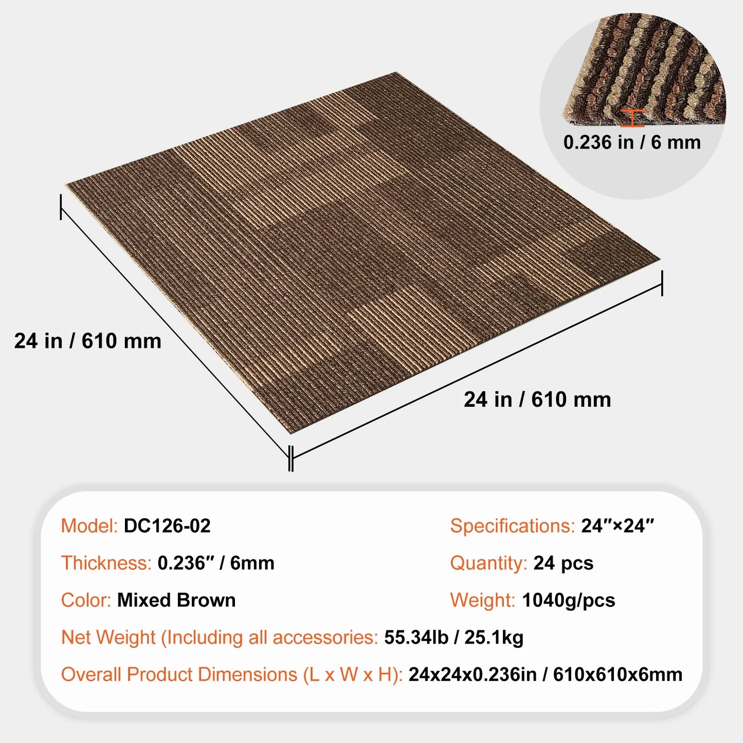 KFFKFF Carpet Squares, 24"x 24", Reusable with Attached Cushioning, Comfortable Padded Carpet Tiles, Simple Self-Installation for Living Room and Bedroom (24 Tiles, Varied Brown)