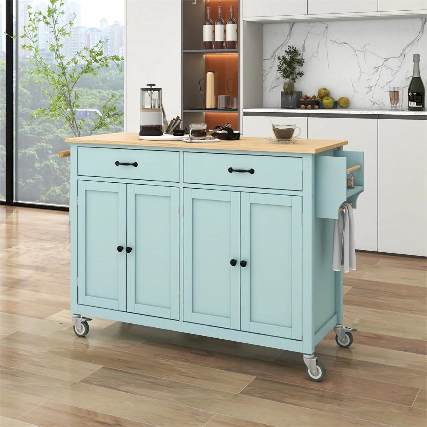 Kitchen Storage Islands& Carts with Solid Wood Top and Locking Wheels, Kitchen Island Cart with 4 Door Cabinet and Two Drawers, Kitchen Cabinets for Kitchen and Dining Room, Green