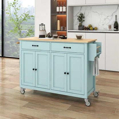 Kitchen Storage Islands& Carts with Solid Wood Top and Locking Wheels, Kitchen Island Cart with 4 Door Cabinet and Two Drawers, Kitchen Cabinets for Kitchen and Dining Room, Green