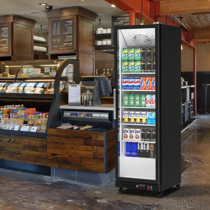 Garvee Commercial Refrigerator,12.4 Cu.ft Display Fridge Merchandiser Upright Beverage Cooler,Single Glass Door Fridge with Adjustable Shelves & LED Lighting,Black
