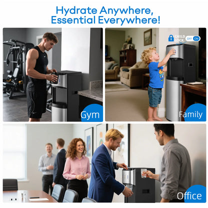 UrbanSync Bottom-Mounted Water Dispenser, 3 Temperatures (Hot, Cold, and Room), with Safety Lock, LED Lighting, Empty Bottle Alert, Silver
