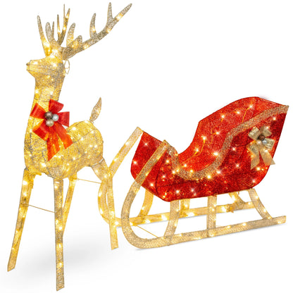Best Choice Products Lighted Christmas 4ft Reindeer & Sleigh Outdoor Yard Decoration Set w/205 LED Lights, Stakes