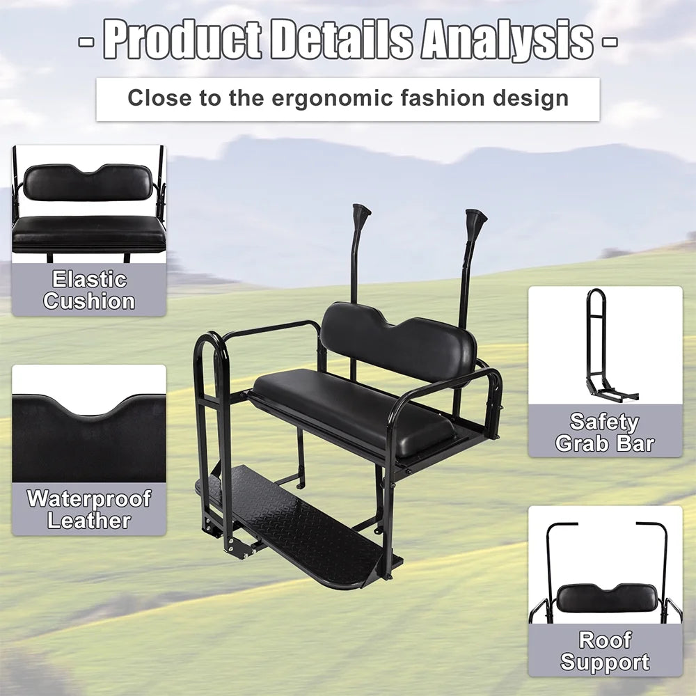 Kojem Flip Folding Rear Black Seat Kit for 2004-up Club Car Precedent Gas or Electric Models Golf Cart w/Extra Handle Bar w/Roof Support - 3 Packages & All Hardware
