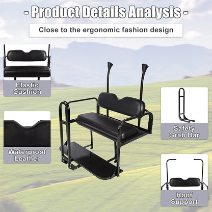 Kojem Flip Folding Rear Black Seat Kit for 2004-up Club Car Precedent Gas or Electric Models Golf Cart w/Extra Handle Bar w/Roof Support - 3 Packages & All Hardware