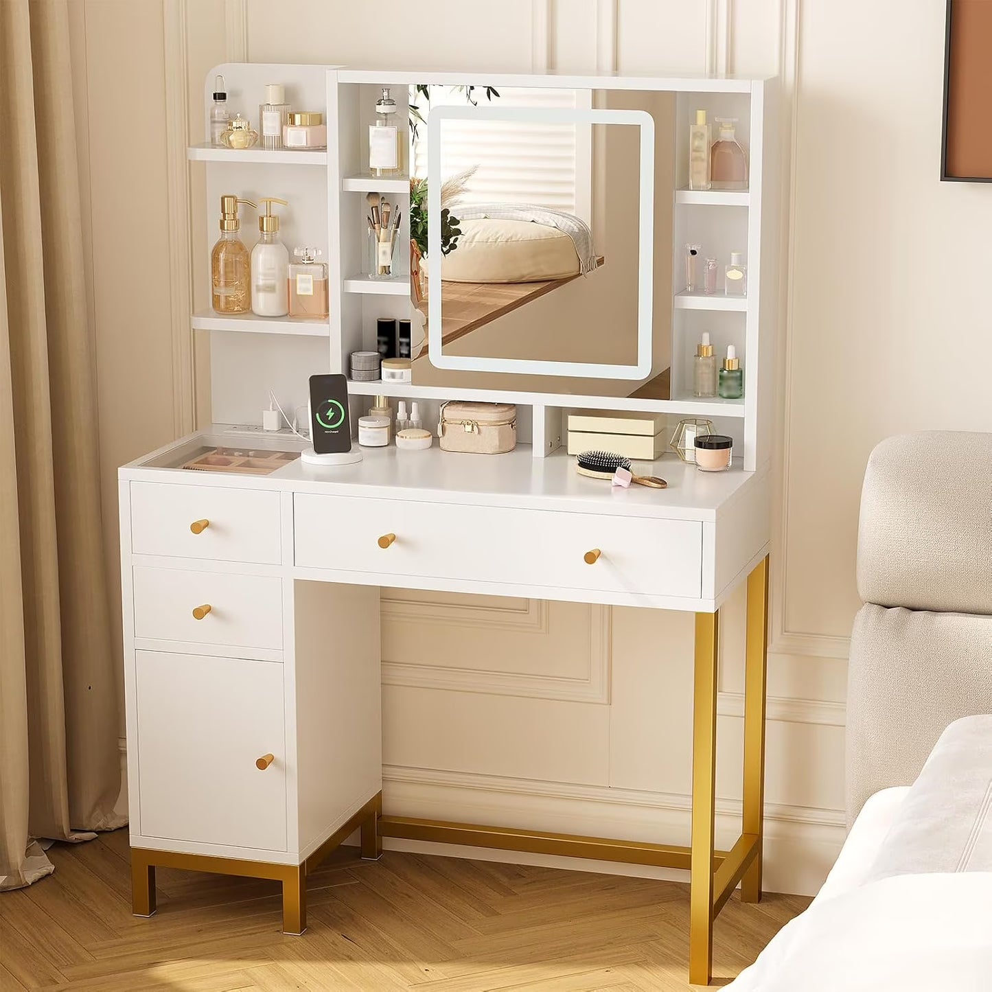 Juiluna Makeup Vanity with Led Lighted Mirror & Power Outlet, 3 Lighting Modes, Brightness Adjustable, Vanity Desk with Acrylic Tabletop & Drawers and Cabinets for Bedroom, White