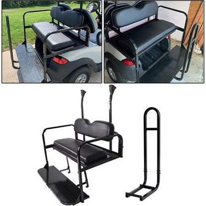 Kojem Flip Folding Rear Black Seat Kit for 2004-up Club Car Precedent Gas or Electric Models Golf Cart w/Extra Handle Bar w/Roof Support - 3 Packages & All Hardware