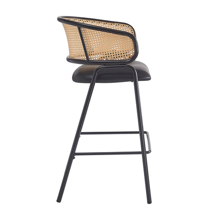 Christopher Knight Home 29.5" PU Upholstered Bar Stool with Woven Rattan Backrest & Iron Frame, Black, Set of 2