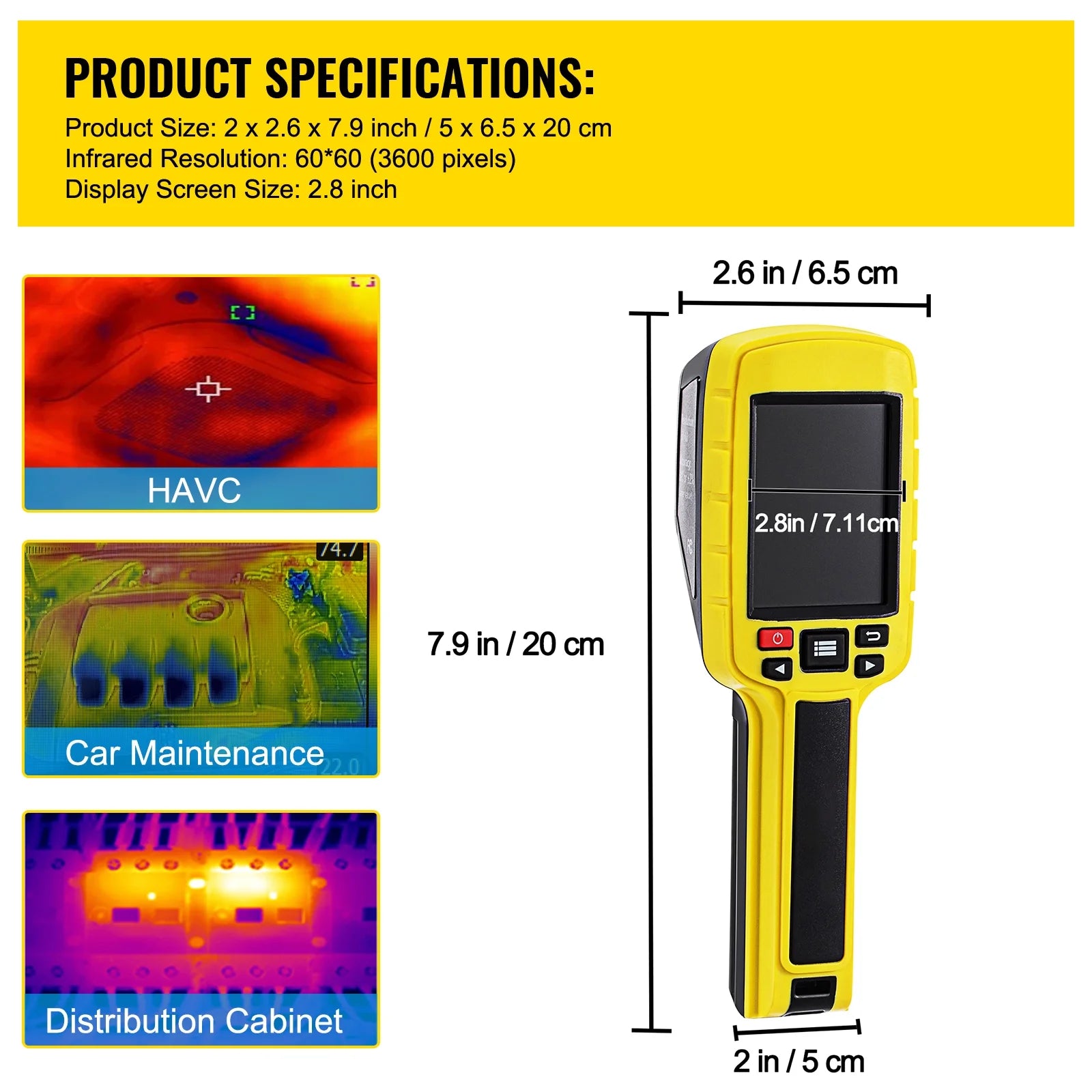 KFFKFF Thermal Imaging Camera, 60x60 (3600 Pixels) IR Resolution Infrared Camera with 2.8" Color Display Screen, Built-in SD Card and Li-ion Battery, for HVAC, Electrical System Automatic Detect