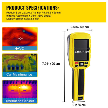 KFFKFF Thermal Imaging Camera, 60x60 (3600 Pixels) IR Resolution Infrared Camera with 2.8" Color Display Screen, Built-in SD Card and Li-ion Battery, for HVAC, Electrical System Automatic Detect