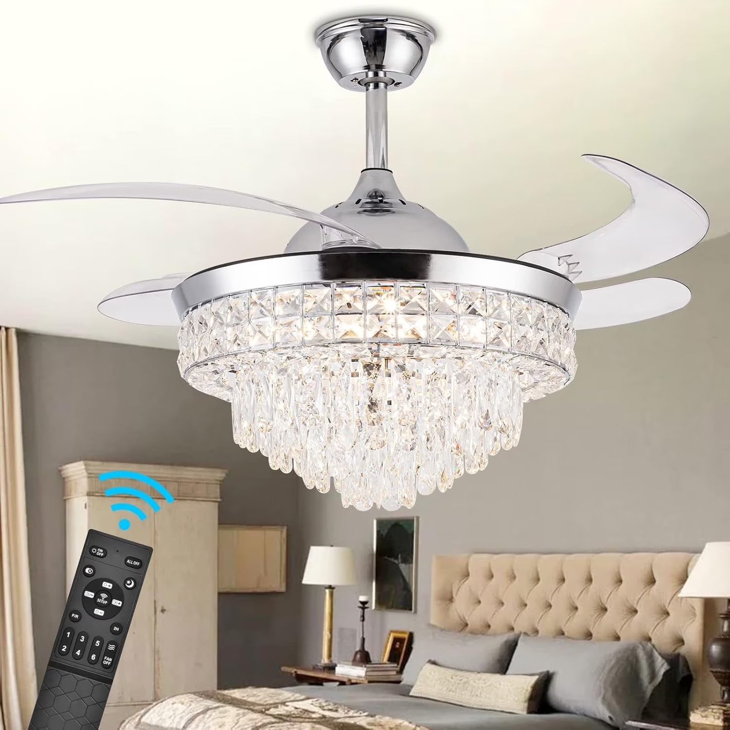 Datingday 42 Inch Crystal Ceiling Fan Golden Crystal Ceiling Fan Chandelier with Remote 6 Speeds 3 Colors Changes Lighting Fixture, 4 Blades Retractable Fans for Bedroom Living Room Dining Room