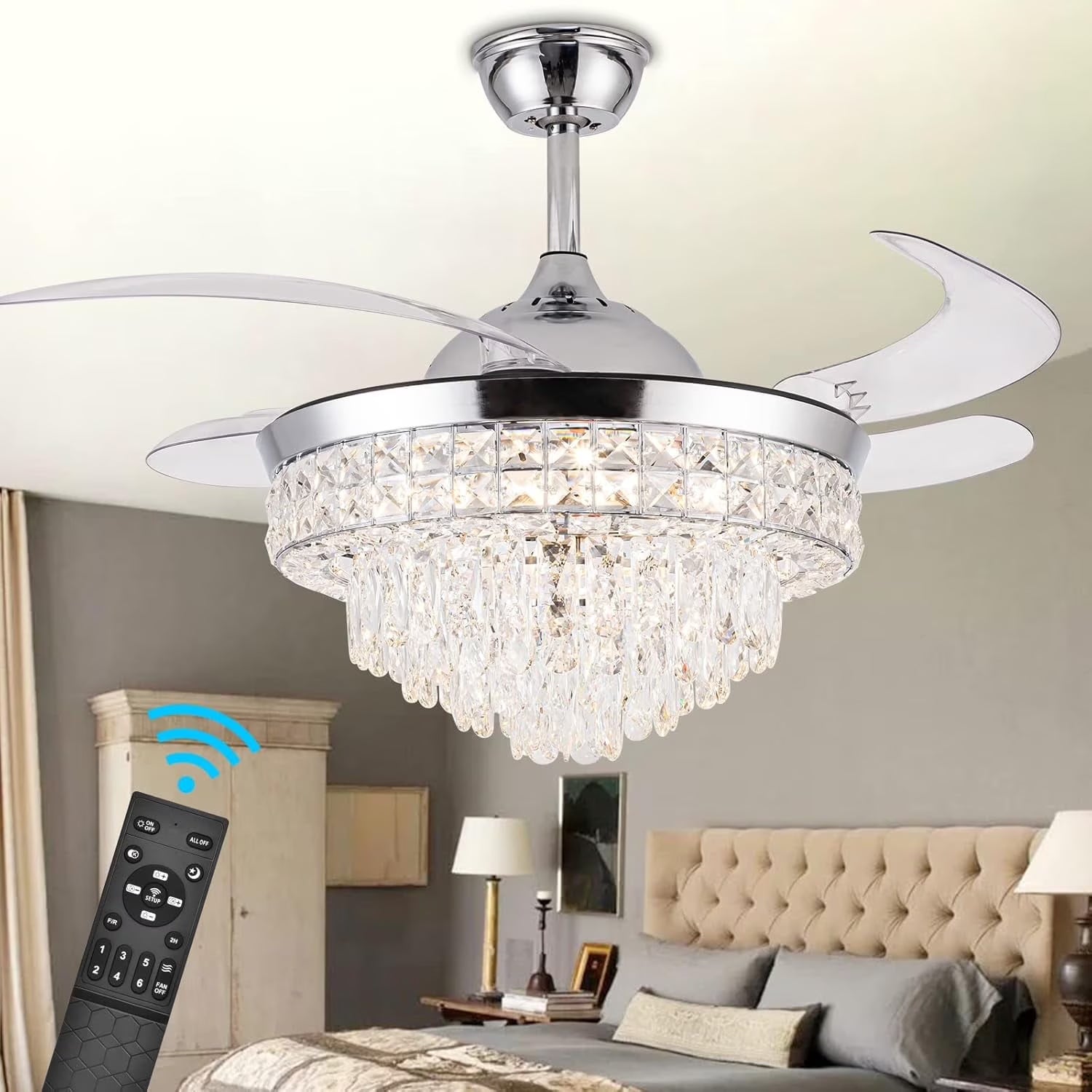 Datingday 42 Inch Crystal Ceiling Fan Golden Crystal Ceiling Fan Chandelier with Remote 6 Speeds 3 Colors Changes Lighting Fixture, 4 Blades Retractable Fans for Bedroom Living Room Dining Room